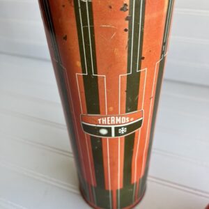 1971 King-Seeley Thermos – Atomic Stripe in Brown & Red – Worn Vintage Charm – 13.5”