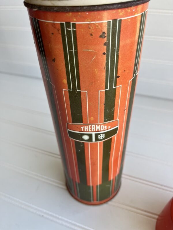 1971 King-Seeley Thermos – Atomic Stripe in Brown & Red – Worn Vintage Charm – 13.5” - Image 2
