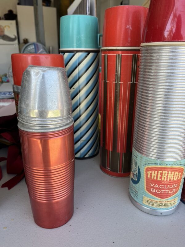 1971 King-Seeley Thermos – Atomic Stripe in Brown & Red – Worn Vintage Charm – 13.5”