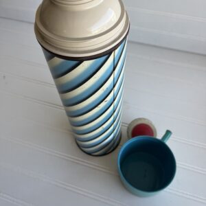 Vintage Keapsit Thermos | Blue & White Stripes with Mint Green Cup | Retro Drinkware | 1950s-60s King-Seeley Collectible