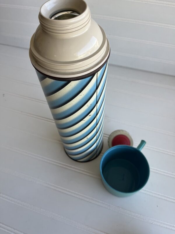 Vintage Keapsit Thermos | Blue & White Stripes with Mint Green Cup | Retro Drinkware | 1950s-60s King-Seeley Collectible - Image 2