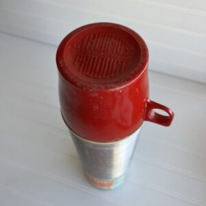 Vintage Ribbed Aluminum Thermos with Red Cup & Original Paper – Thermos Brand, 14” Tall – Quart Size #2484 H