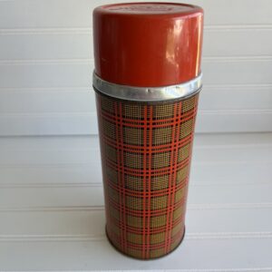 Vintage Aladdin Plaid Thermos | Red, Yellow & Brown Tartan | Retro Drinkware | Mid-Century Camping Collectible