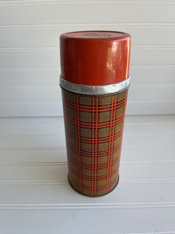 Vintage Aladdin Plaid Thermos | Red, Yellow & Brown Tartan | Retro Drinkware | Mid-Century Camping Collectible