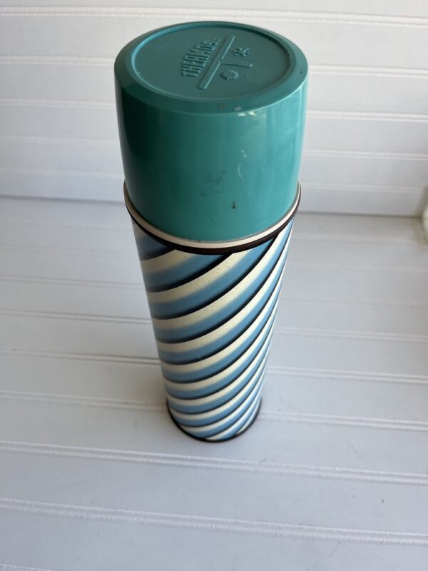 Vintage Keapsit Thermos | Blue & White Stripes with Mint Green Cup | Retro Drinkware | 1950s-60s King-Seeley Collectible - Image 5